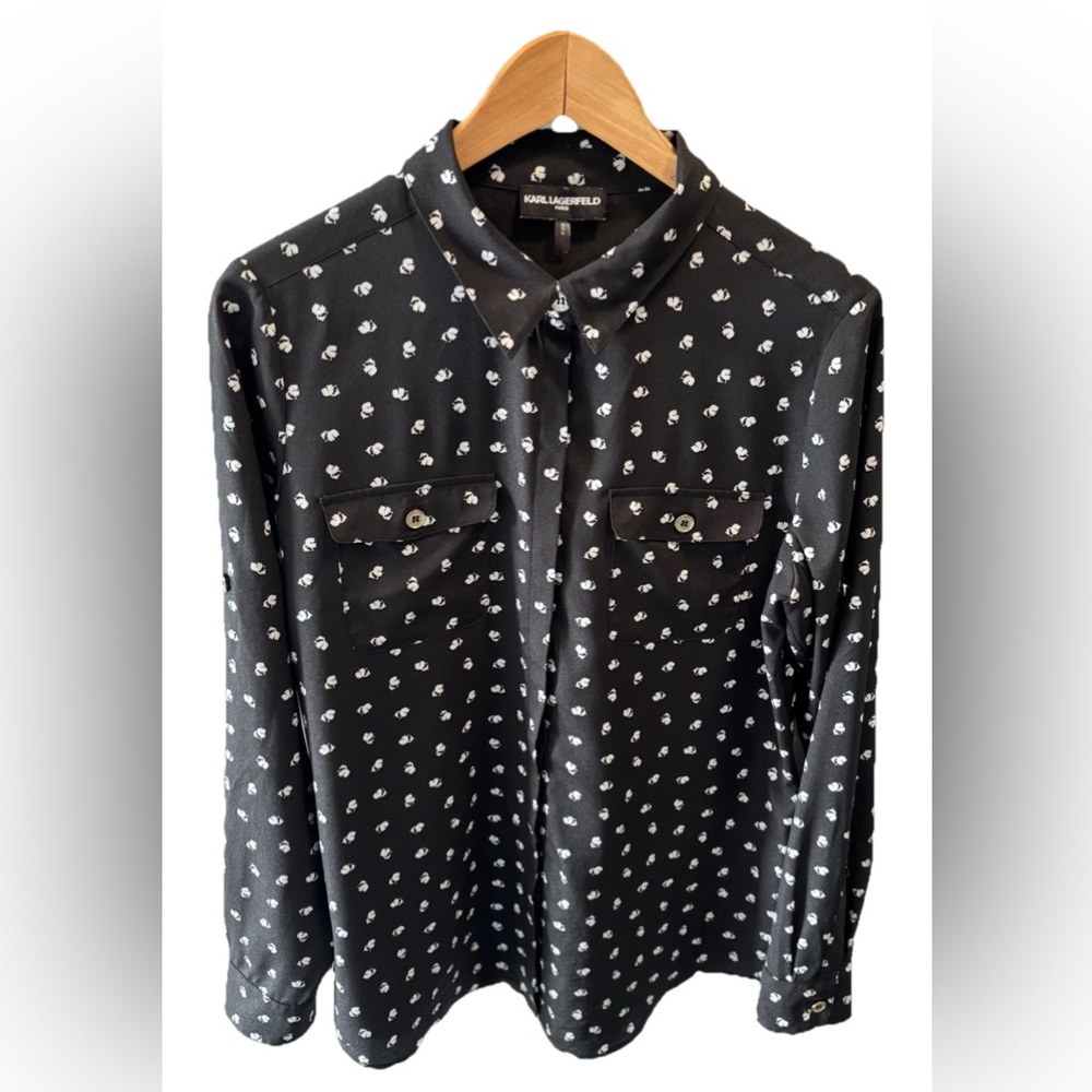 Karl Lagerfeld Head Silhouette Print M Button Down Shirt Black White Roll Tab